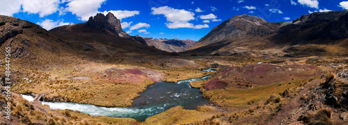 Panorama of mountains and valley of glacial rivers in the remote Cordillera Huayhuash Circuit near Caraz in Peru. © Tristan Barrington