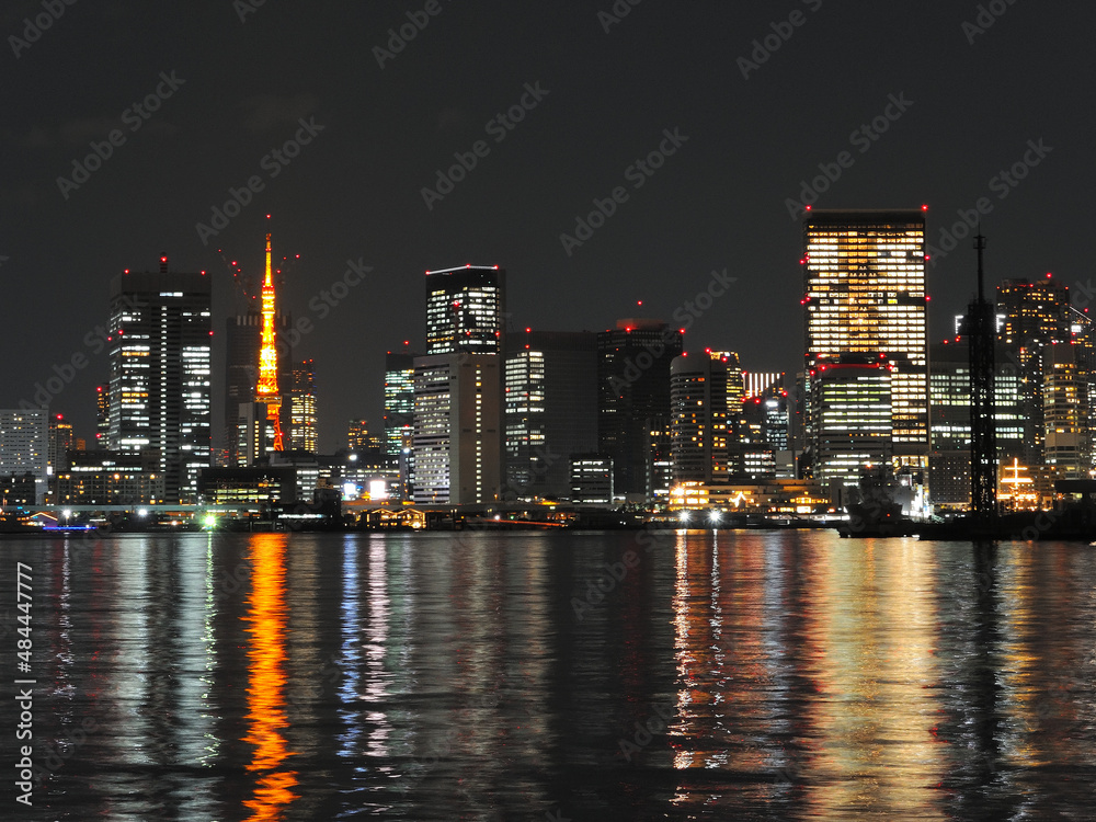 Obraz premium 夜景 東京タワー 浜松町方面 東京都江東区豊洲の風景