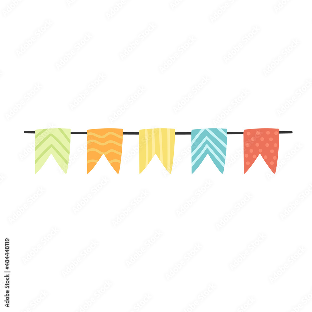 Obraz premium Vector cute pennants icon. Beautiful flags in hand drawn style. Isolated garland on a white background. Flat cartoon style.