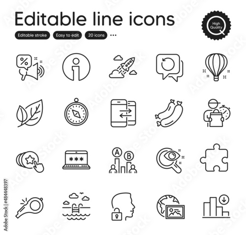 Set of Business outline icons. Contains icons as Leaf, Whistle and Swimming pool elements. Info, Puzzle, Air balloon web signs. Unlock system, Startup rocket, Decreasing graph elements. Vector