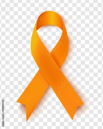 Vector illustration of the leukemia cancer awareness tape, isolated on a transparent background. Realistic vector orange silk ribbon with loop