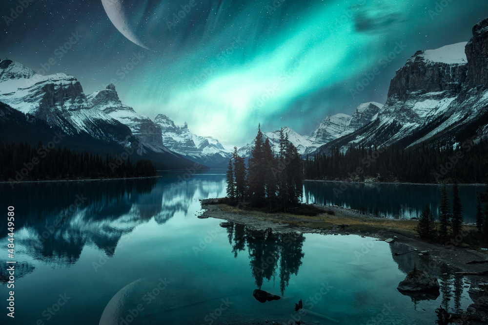 Premium Photo  Illustration of a landscape of mountains at night with  aurora borealis and moon