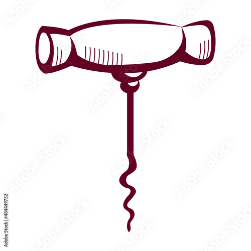An illustration of hand drawn corkscrew. Red ink. Isolated on white. Wine opener sketch.