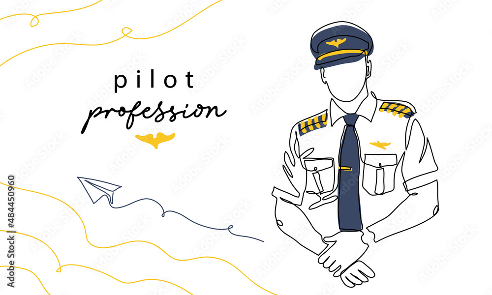 Pilot, aviator profession, man in uniform. Vector background, banner, poster. One continuous line art drawing illustration of pilot - obrazy, fototapety, plakaty 