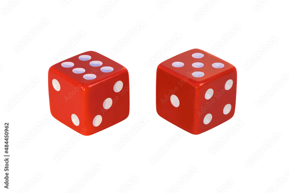Two red dice, isolated on white. Two, three, six and one, four, five. Full clipping without shadow. Blank for the designer. Two red dice, isolated on white. Two, three, six and one, four, five. Full clipping without shadow. Blank for the designer.