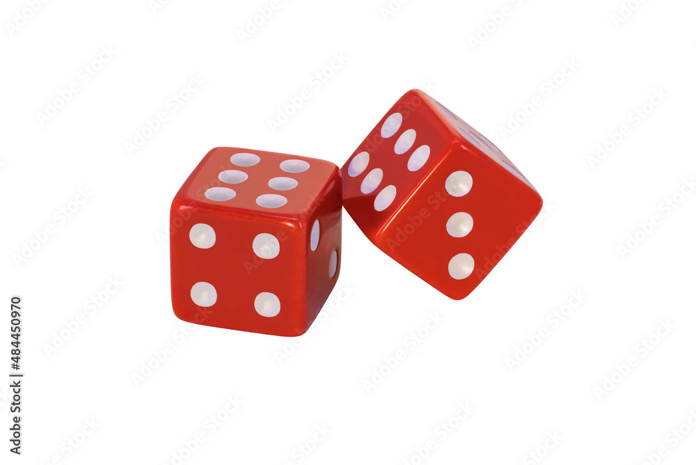 Two red dice are isolated on white. Full clipping without shadow. The result is six and on the verge. Blank for the designer. Two red dice are isolated on white. Full clipping without shadow. The result is six and on the verge. Blank for the designer.