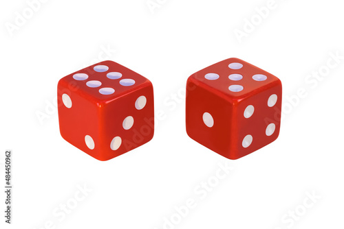 Two red dice, isolated on white. Two, three, six and one, four, five. Full clipping without shadow. Blank for the designer.