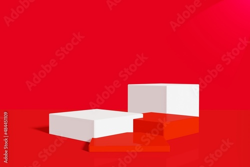 abstract red pedestal display with cubes and rocks with box stand concept. Podium for brand promotion products, realistic 3d digital rendering