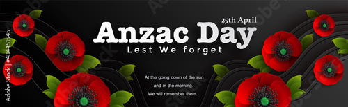 Anzac Day vector poster. Lest We forget. with nice red poppy flower on paper color background.