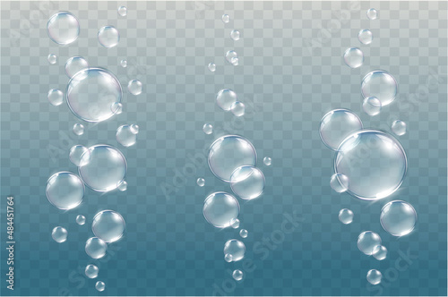 Flying transparent vector soap bubbles on abstract background. Colorful glass ball or sphere template