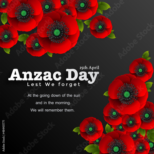 Anzac Day vector poster. Lest We forget. with nice red poppy flower on paper color background.