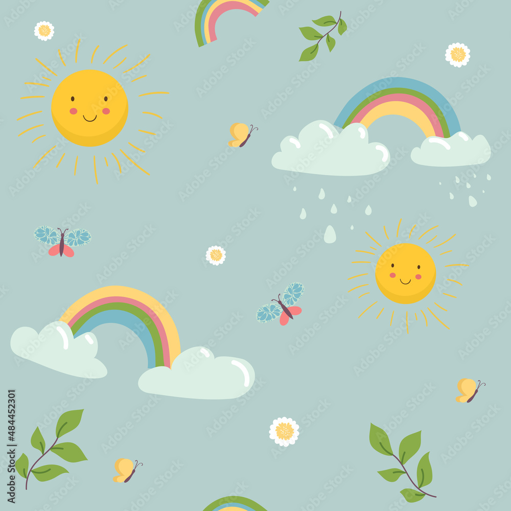 spring Seamless pattern with rainbow, sky, clouds , sun, butternfly , leves illustration background pattern. childish pattern. Vector illustration. textile, print, surface design, fashion kids wear