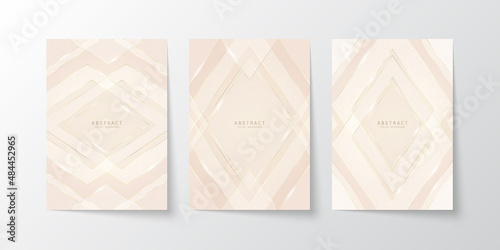 Vector abstract shiny luxury background in light soft nude colors with golden lines, glitter and glossy copy space. Premium multi-layered glass modern geometric template with place for text