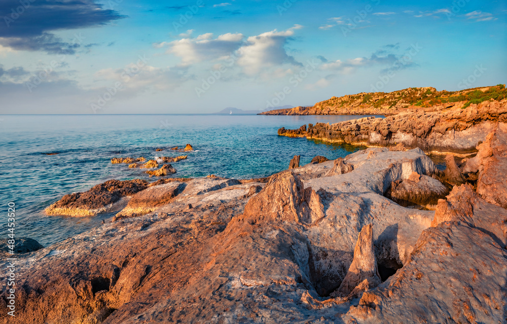 Splendid summer view of  popular tourist destination - Geopark of Agios Nikolaos, also known as Petrified Forest. Amazing morning scene of Peloponnese, Greece, Europe.