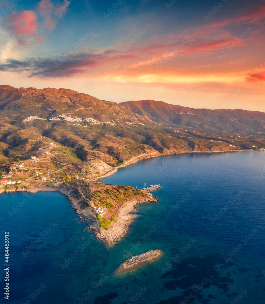 Aerial view of Agia Paraskevi Church. Marvelous evening scene of Peloponnese peninsula, Greece, Europe. Spectacular summer seascape of Ionian sea. Traveling concept background.