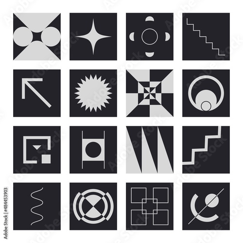 Abstract geometric forms. Brutalism design modern bold figures and bauhaus blocks, simple swiss geo primitive shapes. Vector graphic art