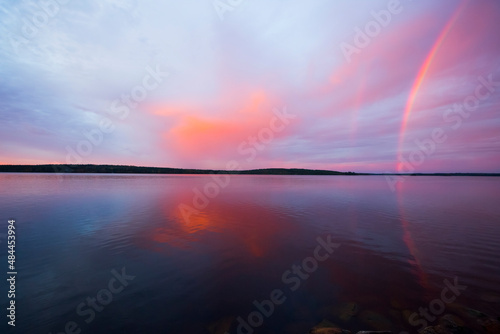Autumn sunset and rainbow in Lapland, Finland