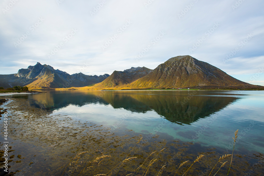 Obraz premium Autumn landscape and beach in Lofoten Islands, Northern Norway