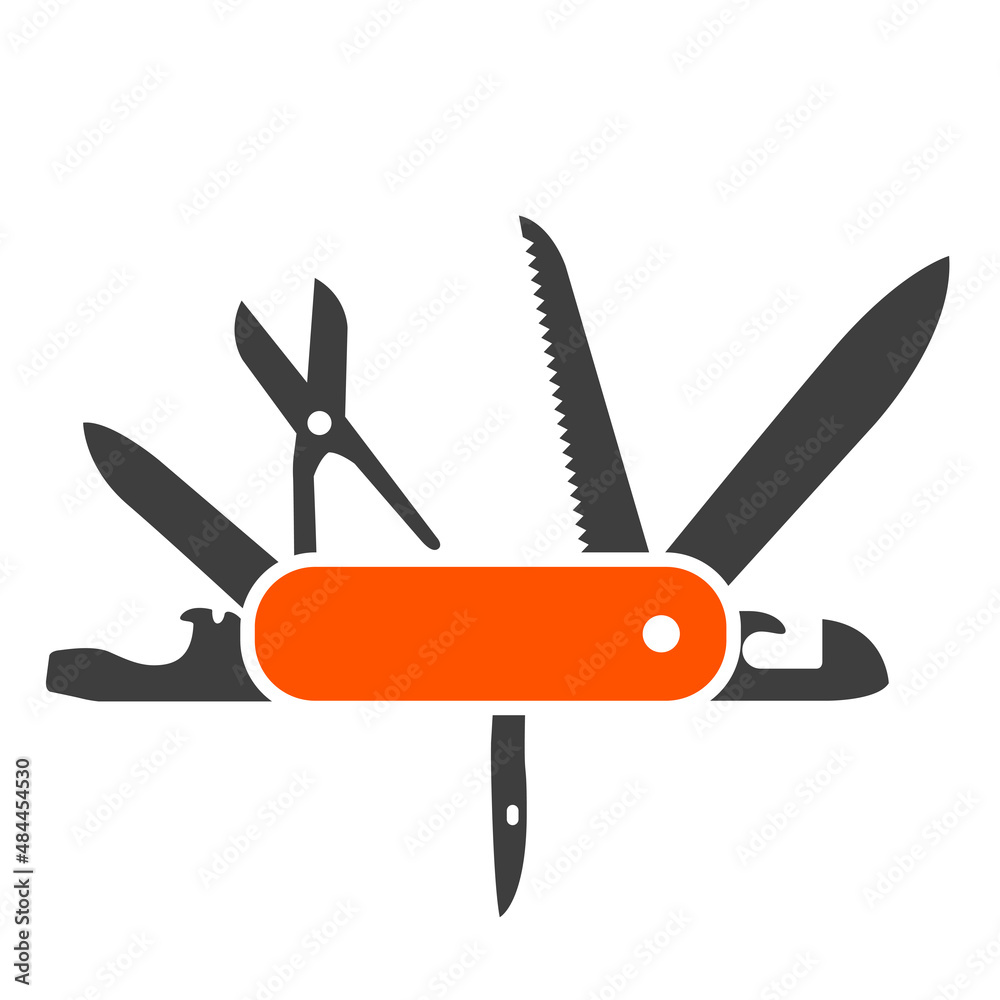 Swiss folding knife flat icon, army multitool jack-knife, clasp-knife, vector Swiss folding knife flat icon, army multitool jack-knife, clasp-knife, vector
