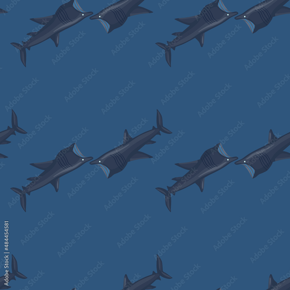 Basking shark seamless pattern in scandinavian style. Marine animals background. Vector illustration for children funny textile.