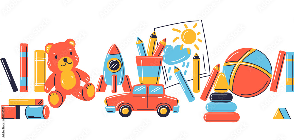 Seamless pattern with various kids toys. Happy childhood symbols. Playing game with friends. Seamless pattern with various kids toys. Happy childhood symbols. Playing game with friends.