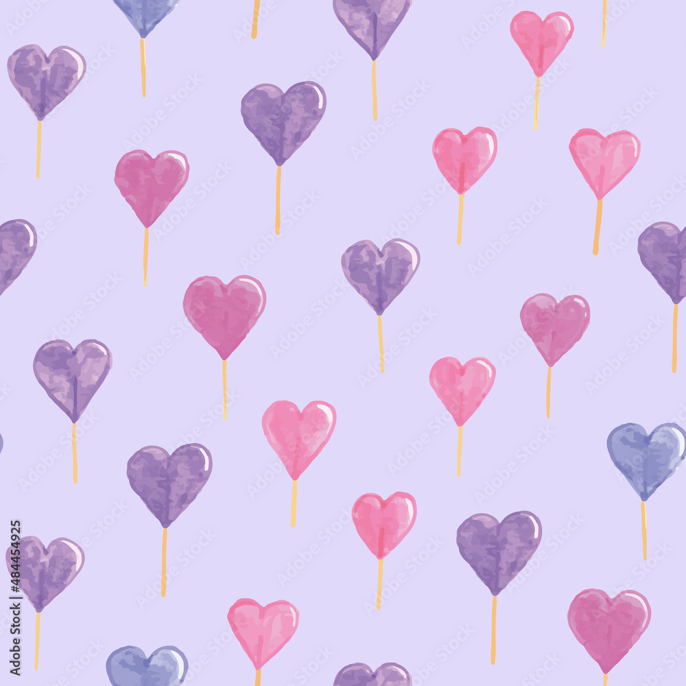 Vector purple watercolour heart lollipop polka dots texture seamless pattern background. Ideal for Valentine, wedding, invitations and expressing love. Perfect for fabric, wallpaper, scrapbooking and