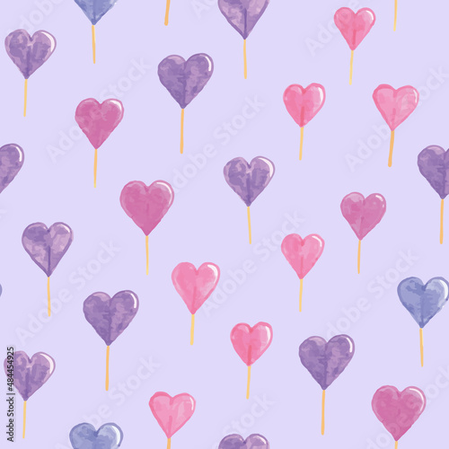 Vector purple watercolour heart lollipop polka dots texture seamless pattern background. Ideal for Valentine, wedding, invitations and expressing love. Perfect for fabric, wallpaper, scrapbooking and