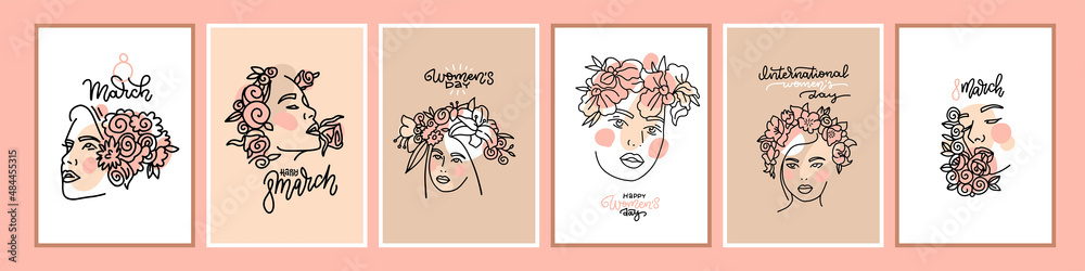 Fototapeta premium International womens day a5 postcard set. International Women's day line art portraits of beautiful women with flowers. Graceful templates for cards, posters, flyers and other users. Vector lettering