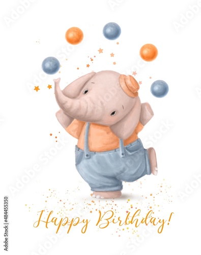 Photography birthday card with cartoon elephant and balloons, holiday illustration