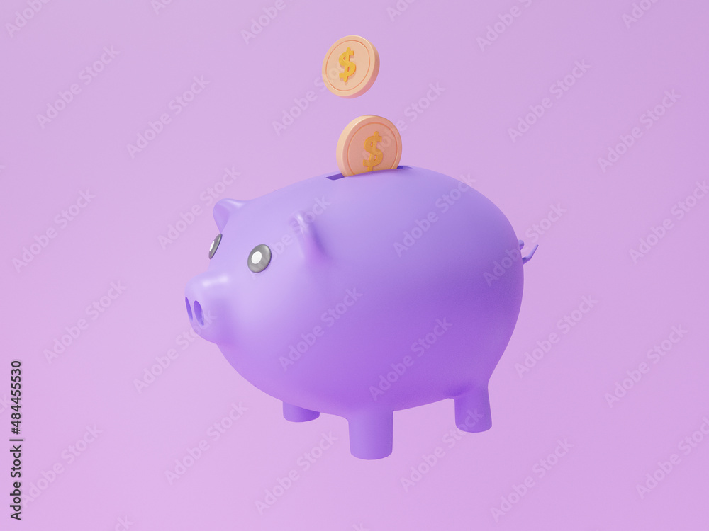 Fototapeta premium Coins money floating into piggy bank with earnings concept. finance saving money, reduction cost, cartoon minimal style on purple background, banner. 3d render illustration