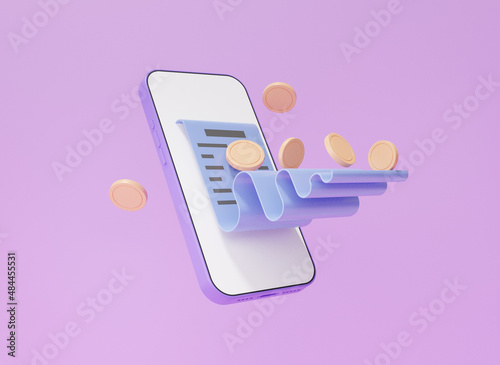 Exchange transfer concept. Online payments bill and coins floating on purple background, Pay money via mobile app Internet banking, minimal cartoon. 3d render illustration photo