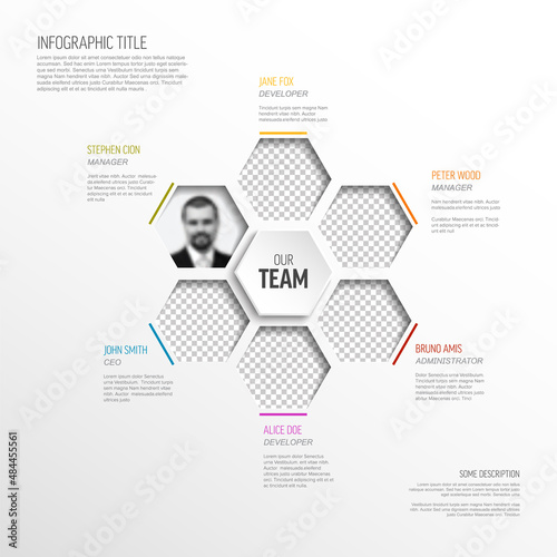 Meet out team hexagon mosaic presentation template page with photos
