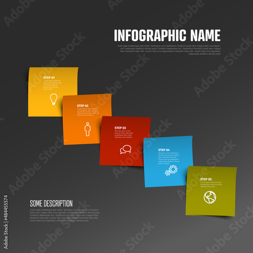 Five simple colorful sticky paper steps process infographic template