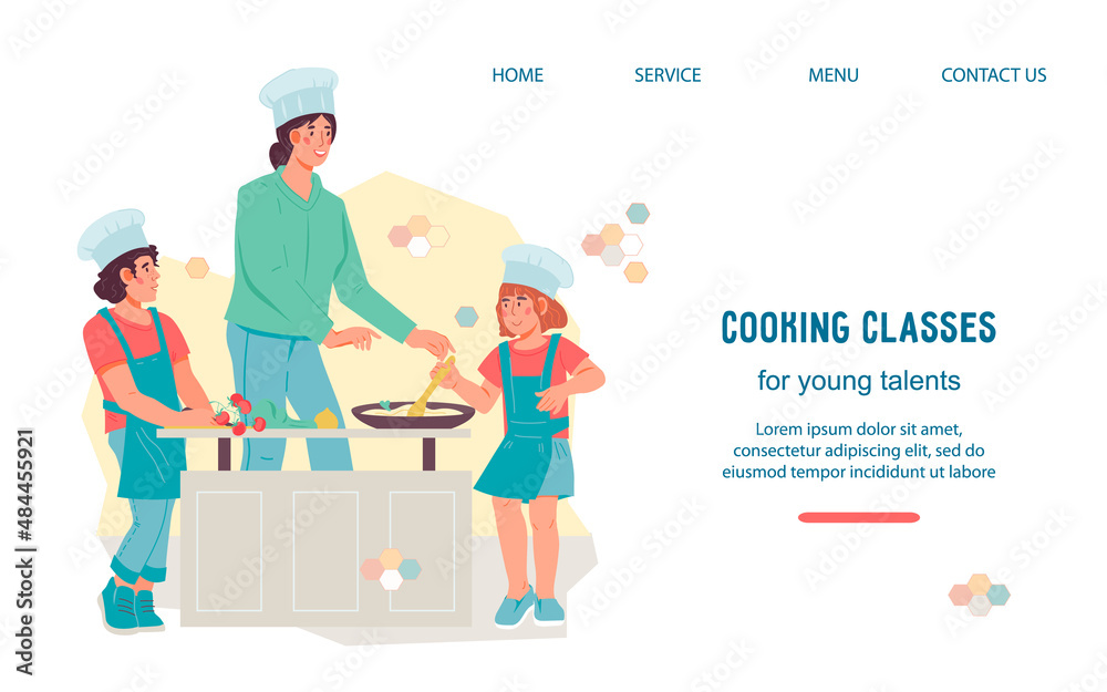 Kids cooking culinary class web  landing page layout, flat illustration. Website banner interface with children cook food with  woman teacher.