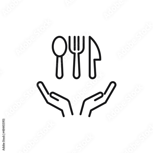 Charity and philanthropy concept. Hight quality sign drawn with thin line. Suitable for web sites, stores, internet shops, banners etc. Line icon of knife, fork and spoon over opened hands