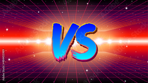 VS sign in 80s game style with synthwave landscape and brush painted letters. Versus symbol for battle or competition poster