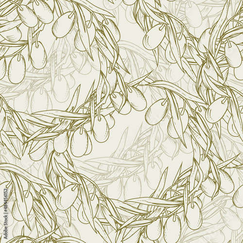 Olives seamless pattern design, repeatable texture with olive branches. Endless background for olive oil, food wrapping and packaging, natural cosmetics, hand drawn vector illustration.