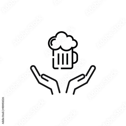 Charity and philanthropy concept. Hight quality sign drawn with thin line. Suitable for web sites, stores, internet shops, banners etc. Line icon of beer mug over opened hands