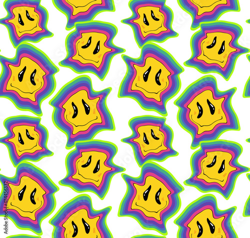 Funny crazy melt smile smiley faces, seamless pattern. Hippie groovy smile. Vector illustration