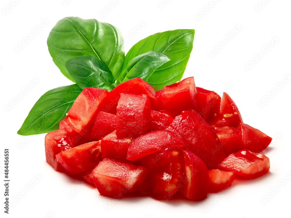Chopped peeled tomato with basil, a pile of, isolated Chopped peeled tomato with basil, a pile of, isolated