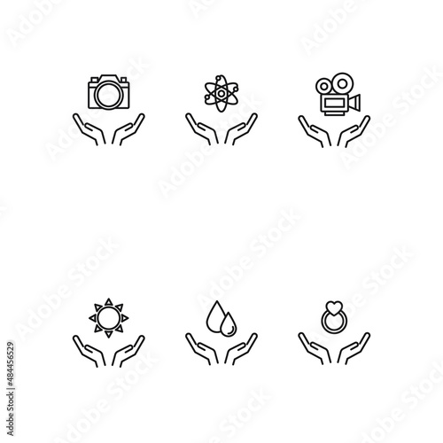 Charity and philanthropy concept. Modern vector outline symbols drawn with thin line. Line icon collection. Icons of chemical compound, camera, sun, water drops, wedding rings