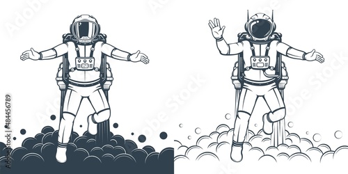 Astronaut floating - retro print. Spaceman flying in spacesuit with jetpack. Vintage cosmonaut. Vector illustration photo