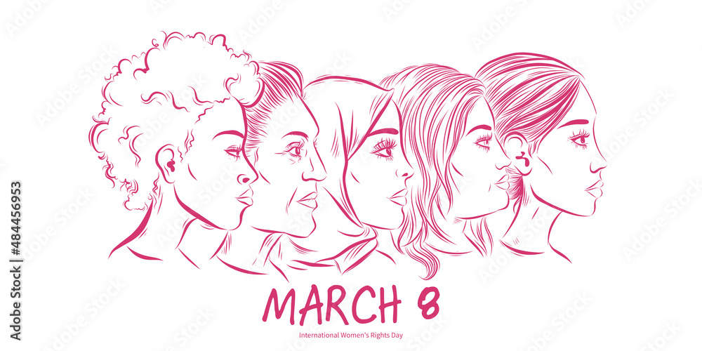 March 8 th - International womens rights day design - women faces diversity illustration banner March 8 th - International womens rights day design - women faces diversity illustration banner