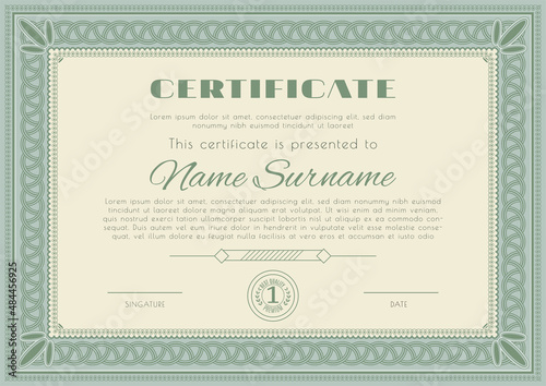 Green certificate. Blank with pigtail geometric ornamental frame. Business modern design. Vector illustration