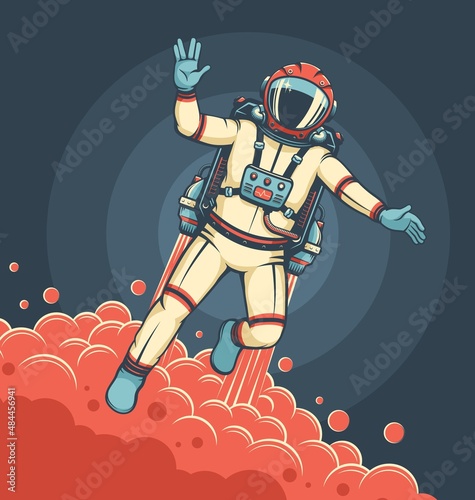 Astronaut flying with jetpack. Sci-fi retro poster with spaceman in spacesuit. Vintage cosmonaut. Vector illustration