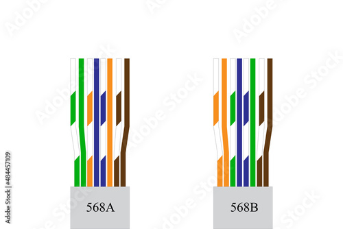 Type of lan cable, straight-thru cable, crossover cable, rj45 isolated on white background