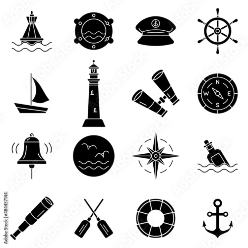 Nautical set of black simple flat icons on white. Marine seamless pattern. Lighthouse, anchor, wheel, binocular, telescope, yacht, wind rose and compass. Vector silhouette Illustration
