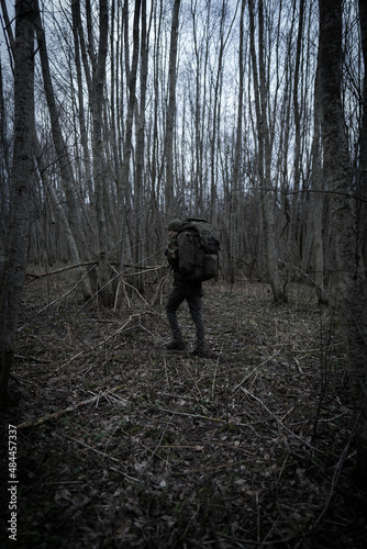 One man on the root to dark woods. Crosing forest © Mantas