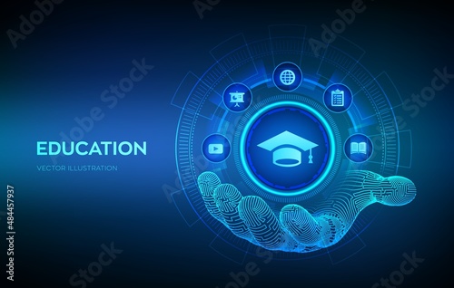 Education icon in hand. Innovative online e-learning and internet technology concept. Webinar, knowledge, online training courses. Skill development. Vector illustration.