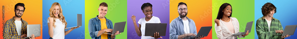 Row of diverse people using laptop computers, surfing internet on different colorful backgrounds, panorama, collage Row of diverse people using laptop computers, surfing internet on different colorful backgrounds, panorama, collage